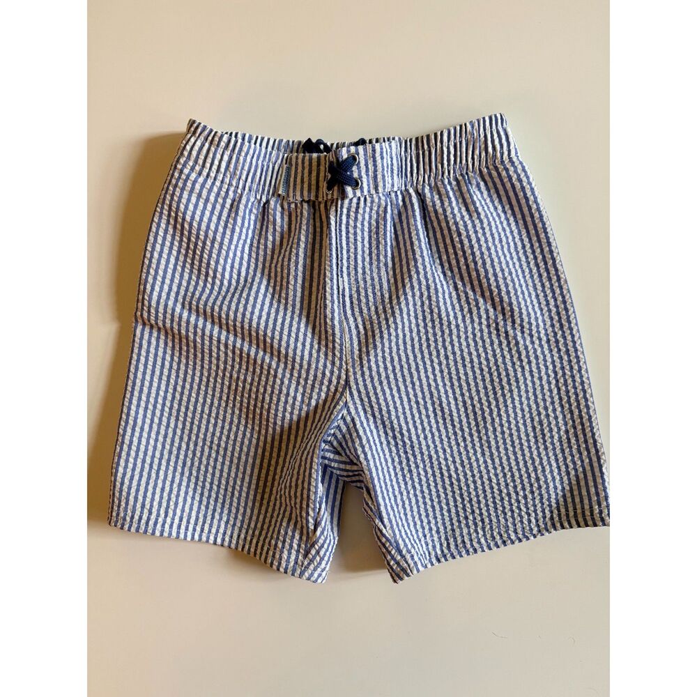 RuggedButts Boys Size 8 Blue White Seersucker Swim Trunks Mesh Lining UPF 50+